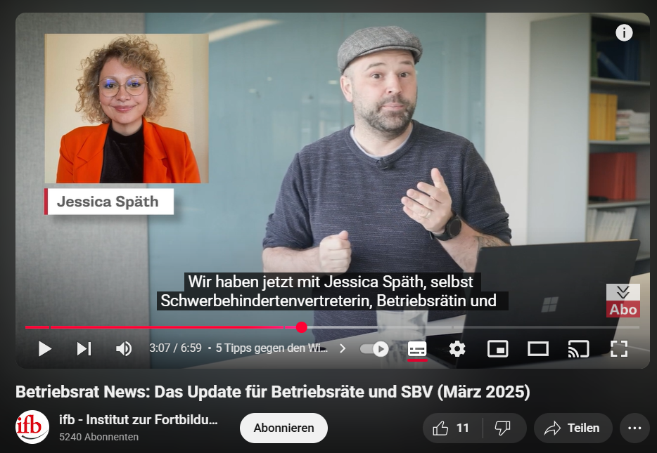 Screenshot aus dem Video Betriebsrats- News des ifb mit dem Moderator und Jessica Späth